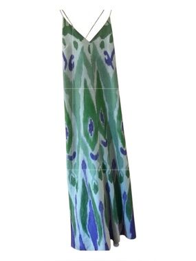 Mango Ikat Print Midi Dress Green Purple Strappy Open Back A-line Small